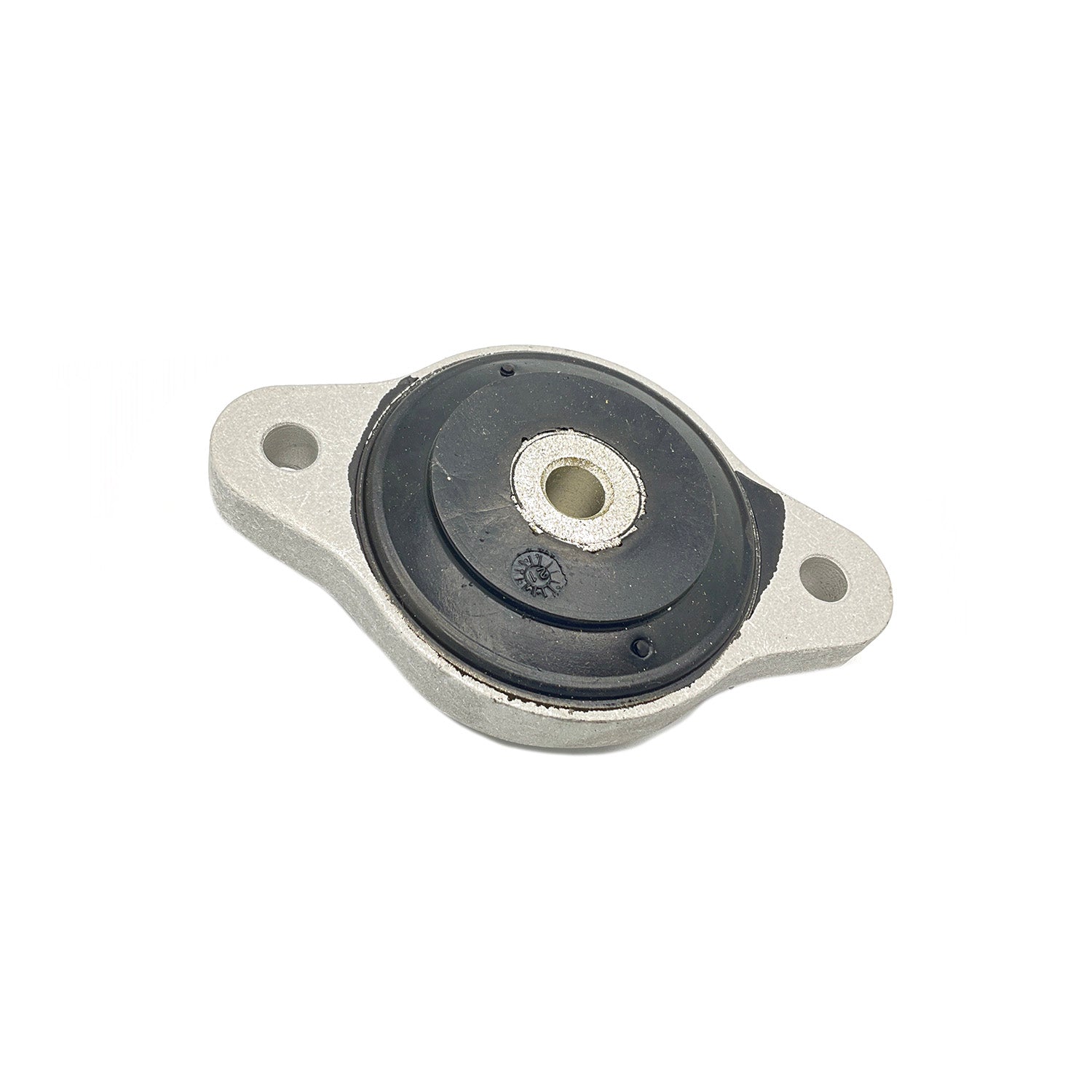 Metal rear differential mount with black rubber center and two mounting holes on either side.
