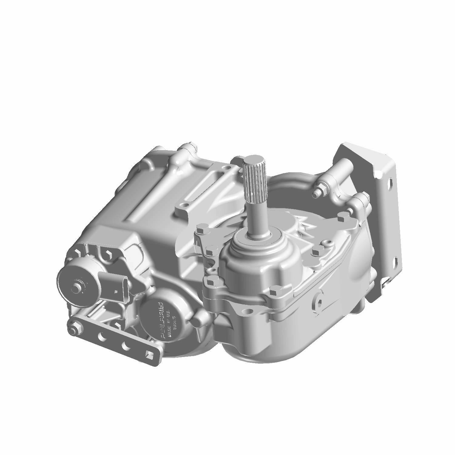 Silver metallic Main Gearcase 700 with shaft and mounting points for Polaris UTV, rugged design.