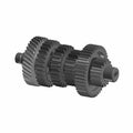 Metal countershaft with three stacked cylindrical gears and toothed edges in dark gray finish.