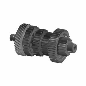 Metal countershaft with three stacked cylindrical gears and toothed edges in dark gray finish.