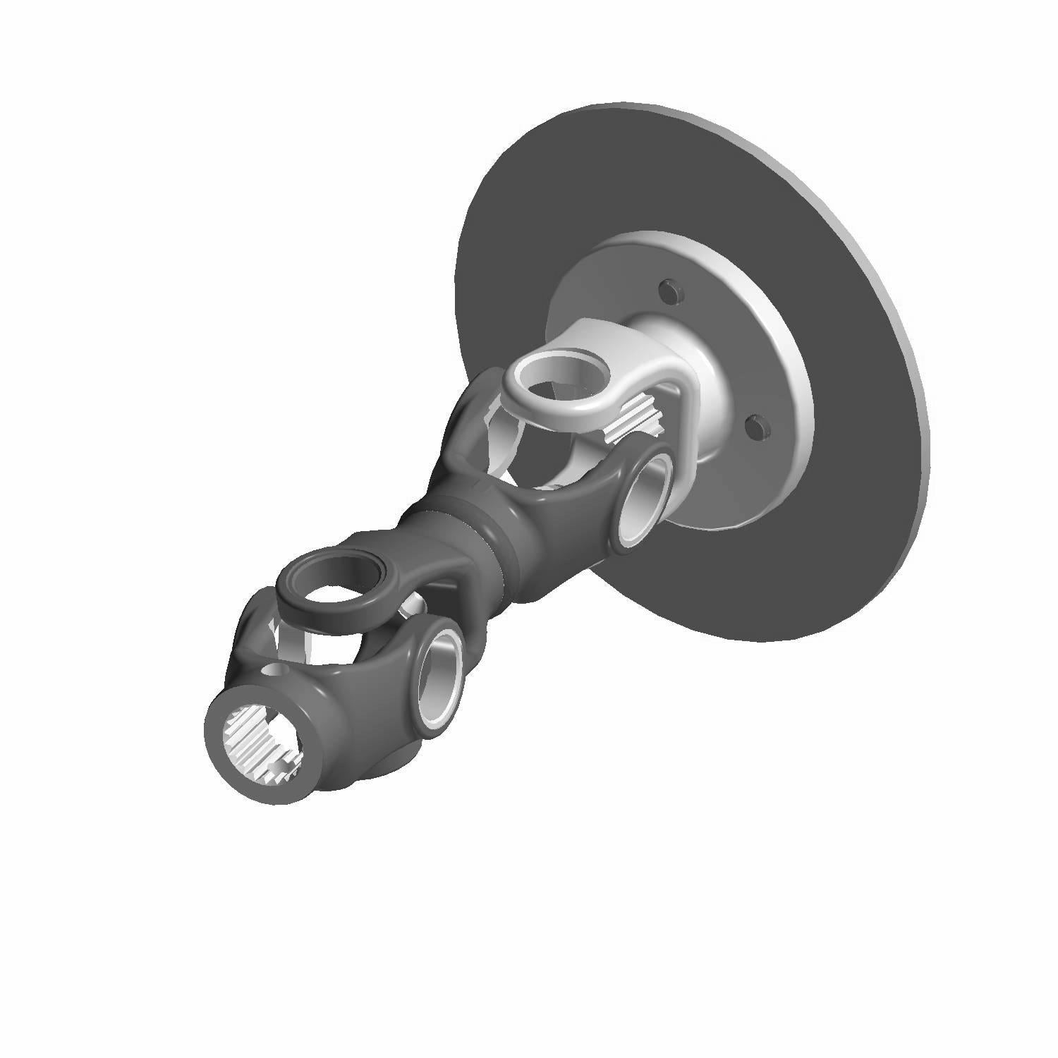 Black and silver metal rear propeller drive shaft with universal joint and circular mounting flange.