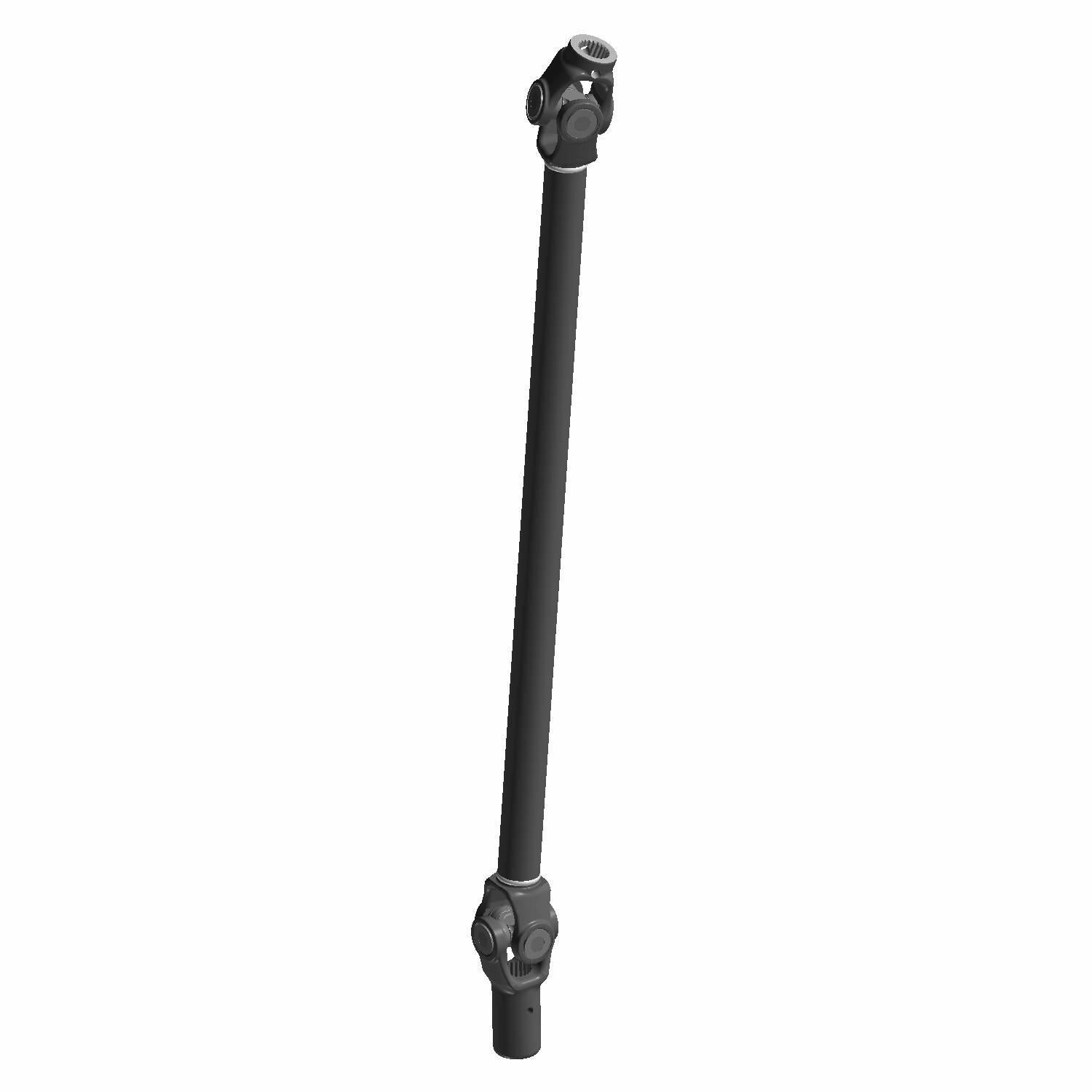 Black metal front drive shaft with universal joints on both ends for Polaris UTVs.