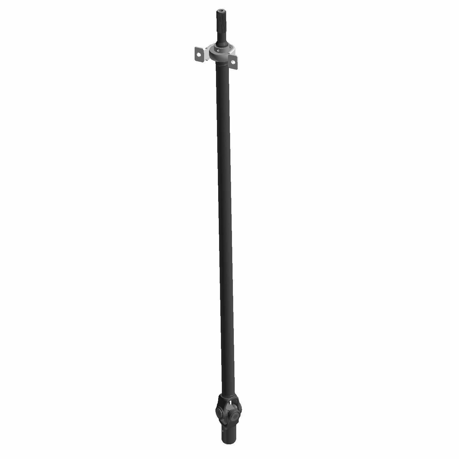 Black metal prop shaft with bearing assembly featuring splined ends and mounting bracket near the top.