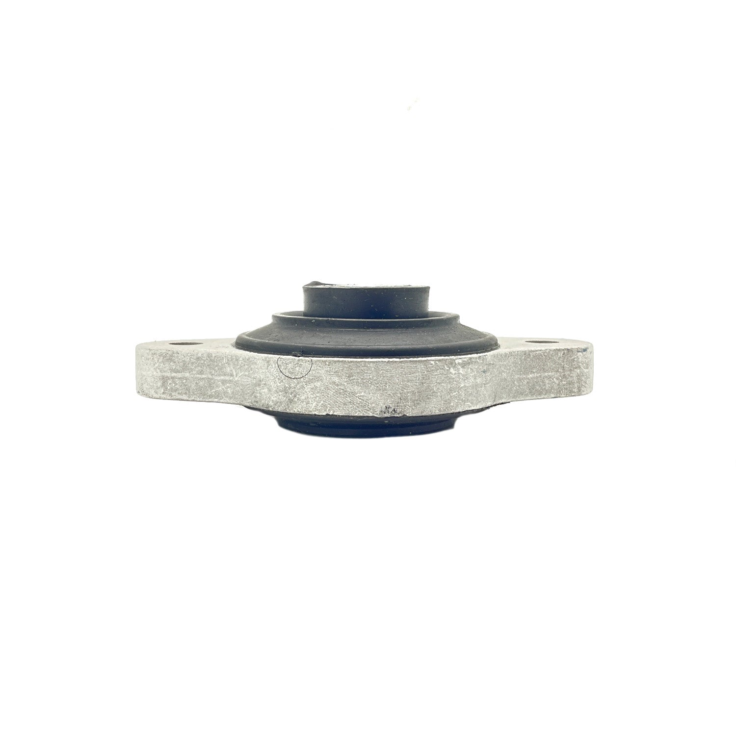 Gray metal engine mount with black rubber center, flat base, and two mounting holes.