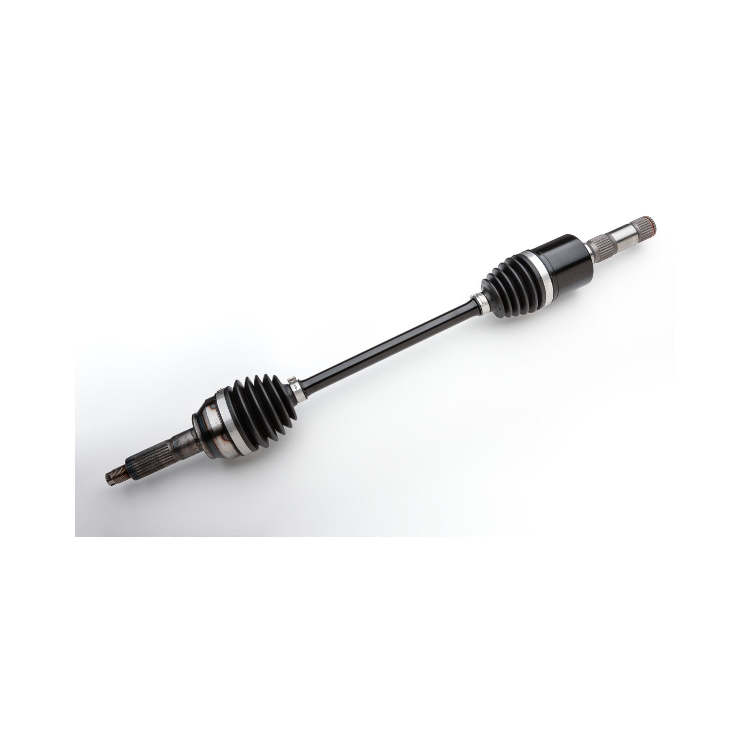 Black metal rear axle shaft with rubber boots on both ends and splined connections for UTV.