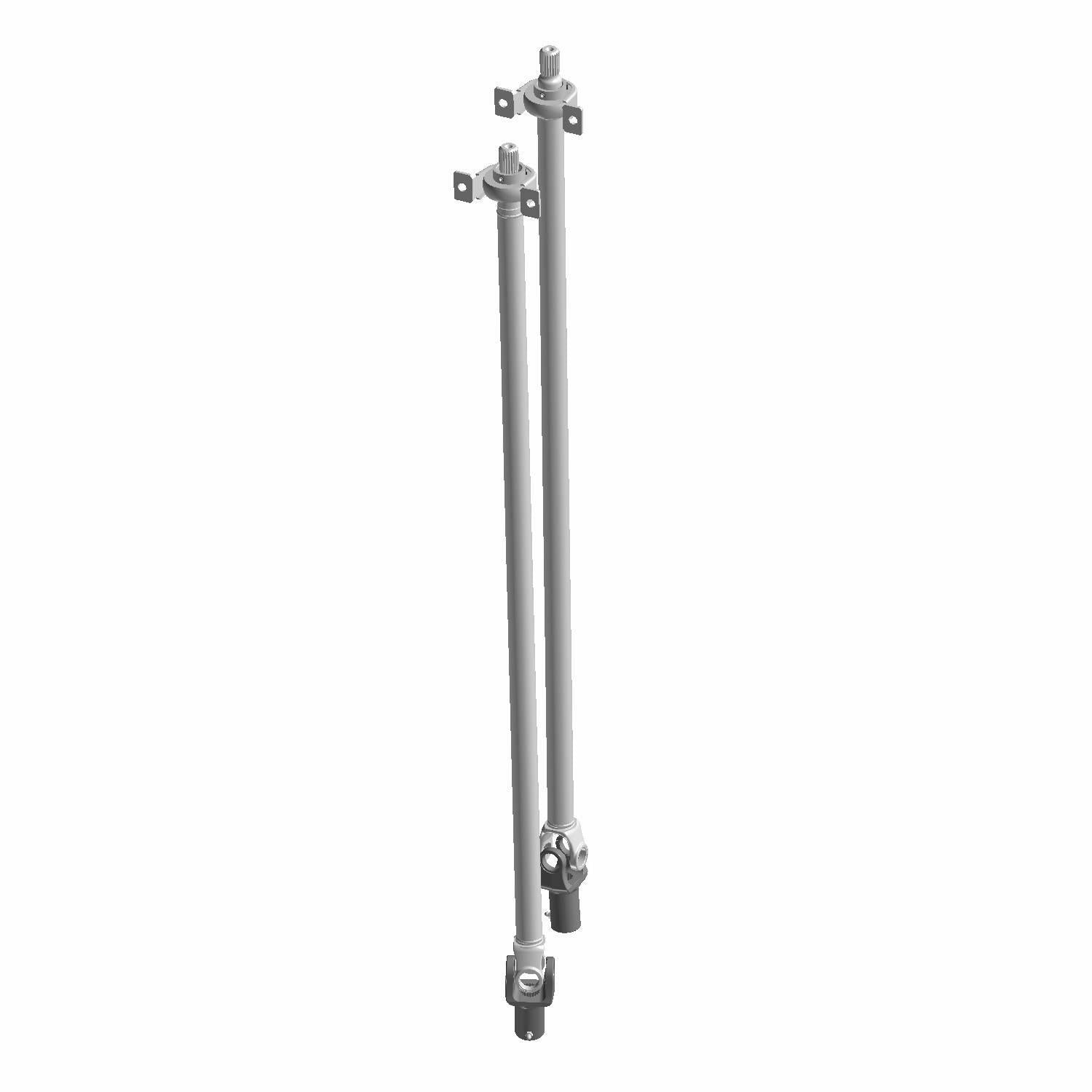 Metal front propeller drive shaft with bearing, long cylindrical shape, silver finish.