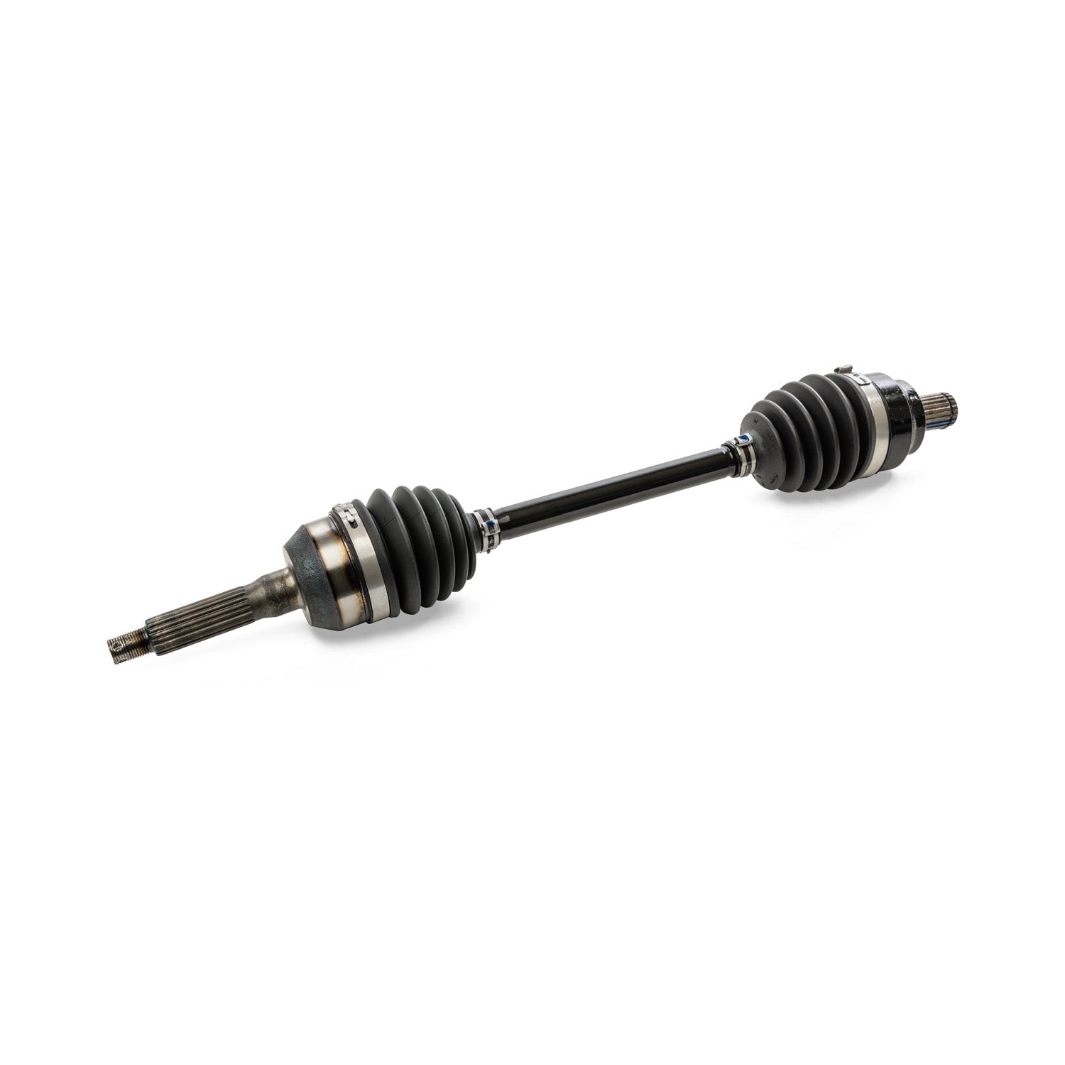 Black metal front drive shaft with rubber accordion-style boots on both ends and splined shafts.