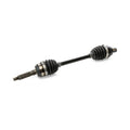 Black metal front drive shaft with rubber accordion-style boots on both ends and splined shafts.