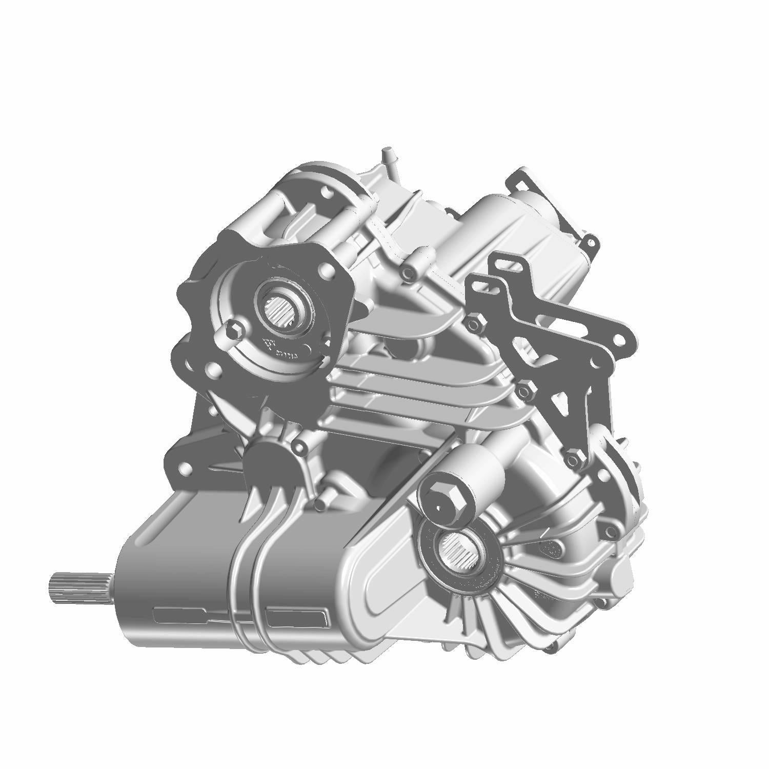Silver metal hydro gearcase with attached gears and mounting brackets for offroad vehicle drivetrain.
