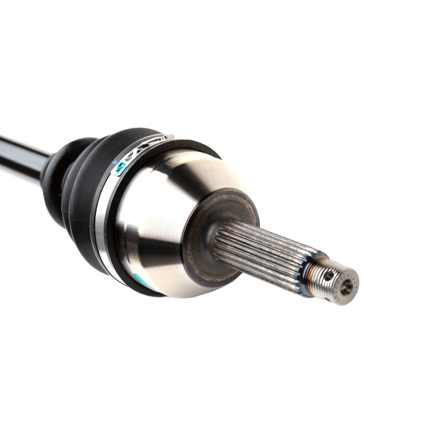 Metal rear axle shaft with splined end and black protective boot for Polaris vehicles.