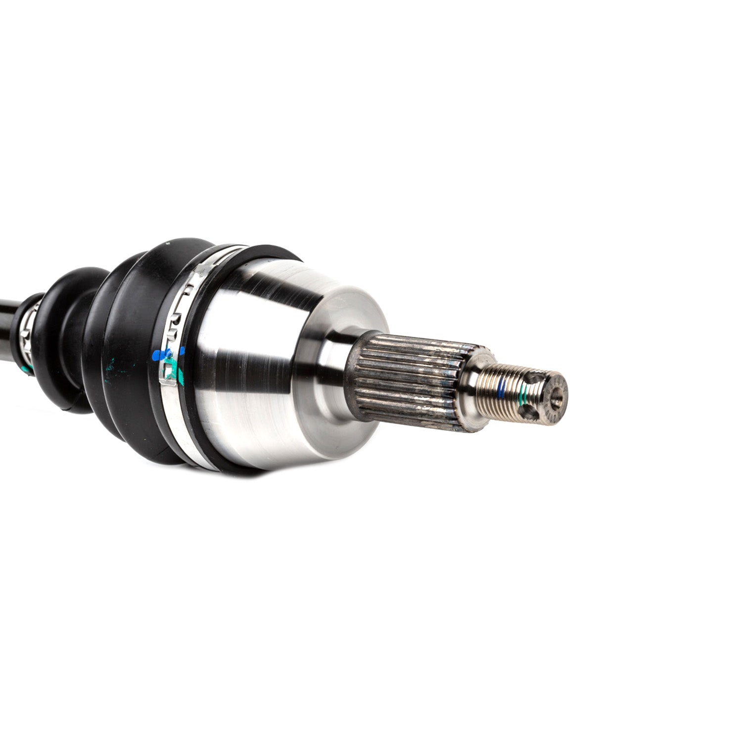 Polished steel rear axle shaft with splined end and black rubber boot for Polaris offroad vehicles.