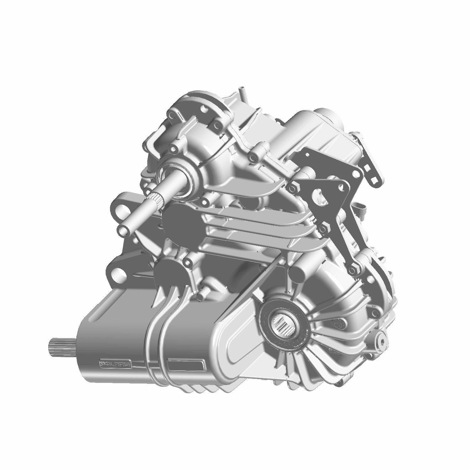 Silver metallic Polaris complete gearcase with multiple mounting points and integrated axle shafts.