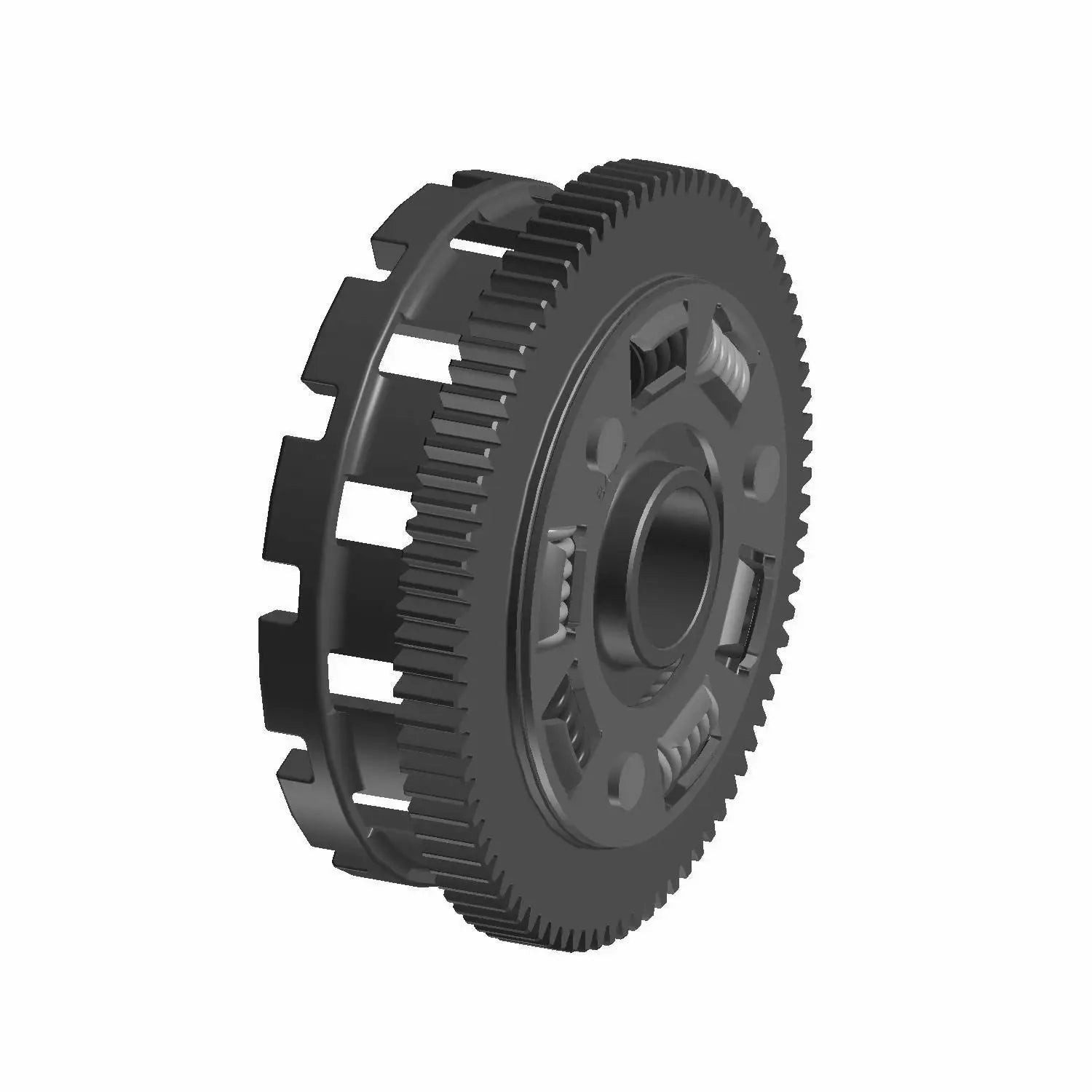 3D rendering of a Polaris Outer Clutch Basket for Indian motorcycles, with multiple slots and gear-like teeth on the rim, shown on a white background—perfect for those seeking OEM Indian Polaris parts.