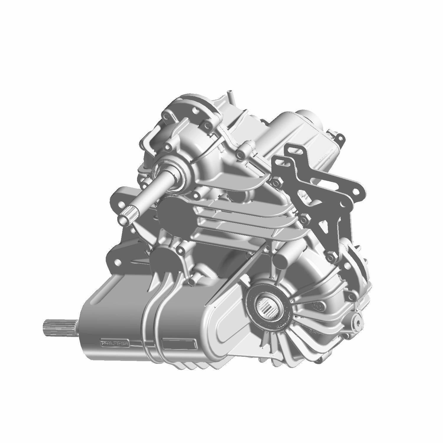 Silver metallic gearcase assembly with multiple mounting brackets and intricate mechanical components.