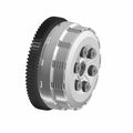 A 3D-rendered image of the Clutch by Polaris shows a black toothed gear on the left and a silver cylindrical housing with bolts and ridges on the right, perfect for those looking for quality OEM Polaris parts.