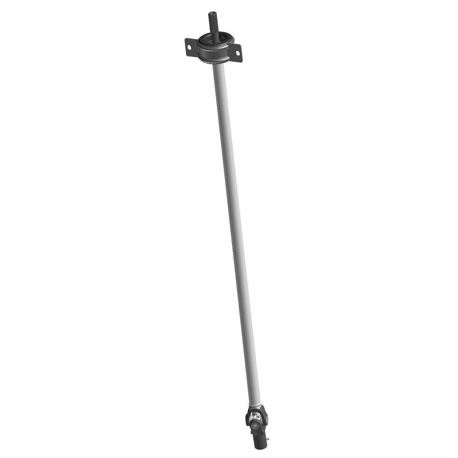 Long cylindrical silver metal rear prop/drive shaft with black mounting flanges on each end.