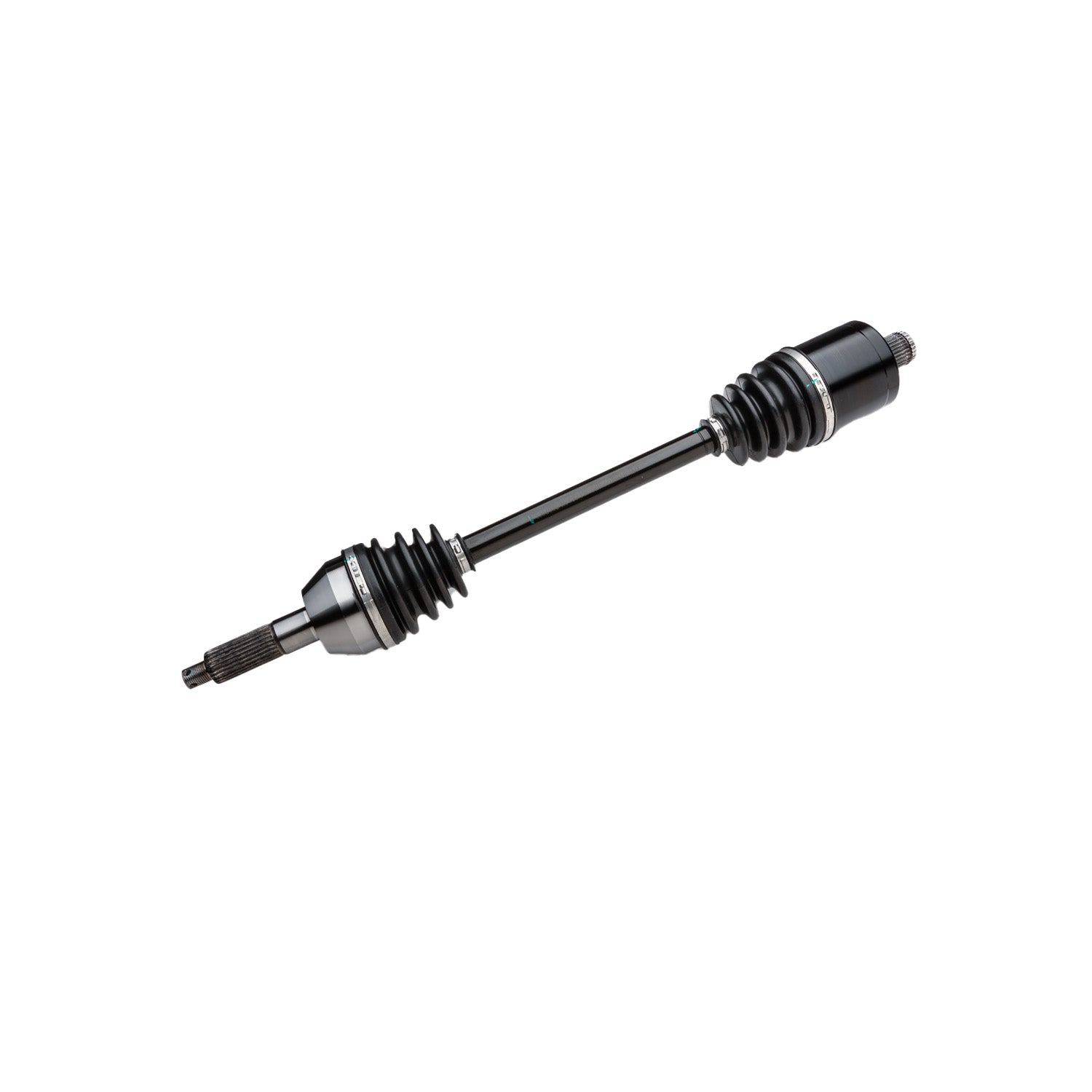 Black metal rear axle shaft with rubber boots on each end for Polaris UTV.