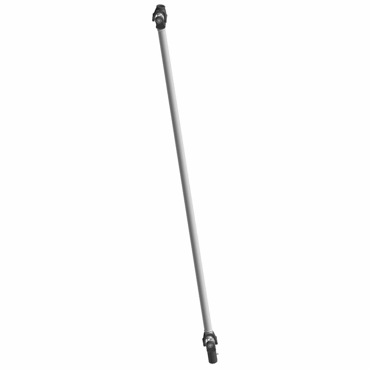 Black and silver metal propeller shaft with universal joints at both ends for offroad vehicle drivetrain.