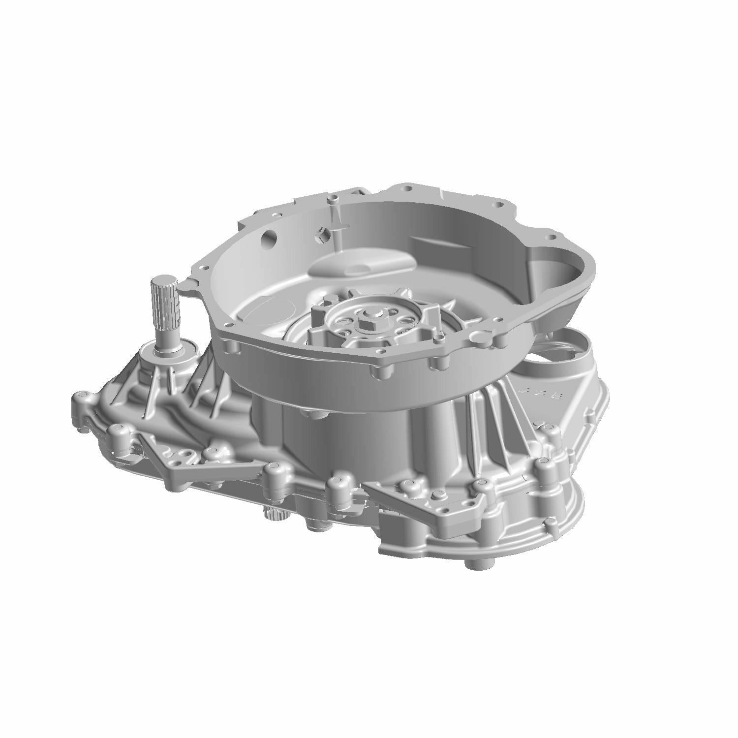 Silver metal transmission housing with complex shapes and mounting points for Polaris UTV.
