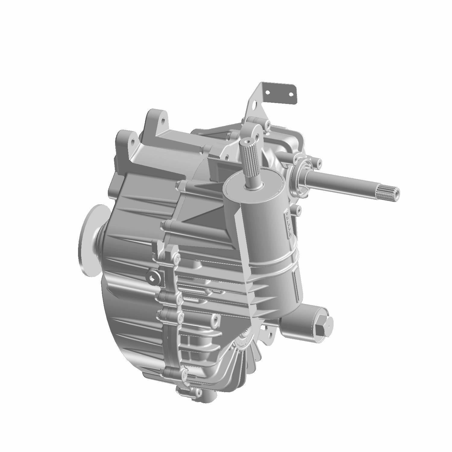 Silver-gray metal offroad UTV gearcase with mounting brackets and cylindrical extensions.