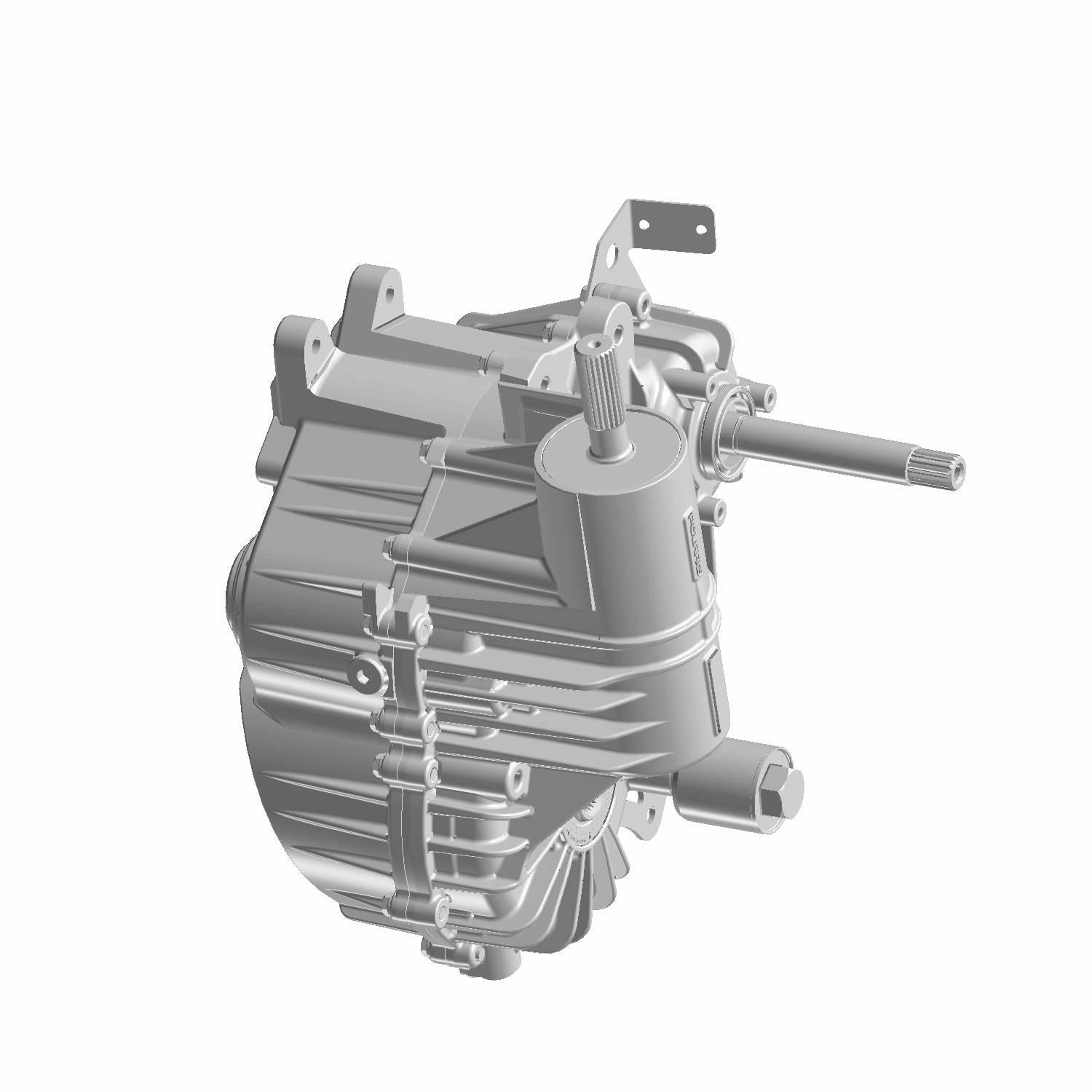 Gray metal gearcase housing with multiple mounting points and cylindrical protrusions for mechanical connections.