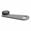Gray metal roller follower with round black roller and mounting hole on opposite ends.