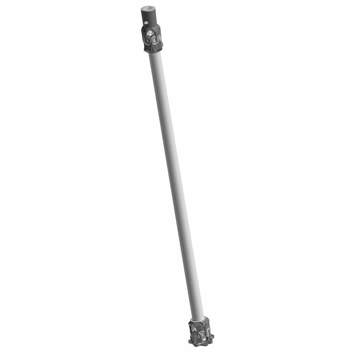 Silver metal rear drive shaft with universal joints on both ends for offroad Polaris vehicles.