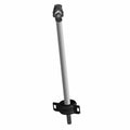 Metal prop shaft with grey cylindrical body, black bearing housing at base and universal joint at top.