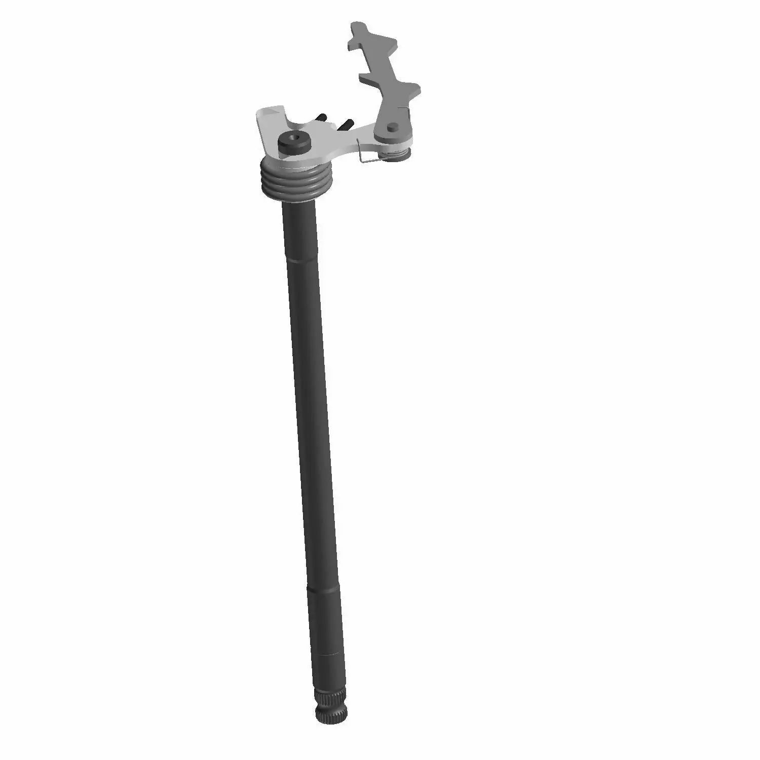 A 3D-rendered image of the Ratchet Shifter Assembly by Polaris shows a long black rod with a curved silver mechanical component at the top, featuring notched and cut-out shapes, resembling parts used in Indian motorcycles. The background is plain white.
