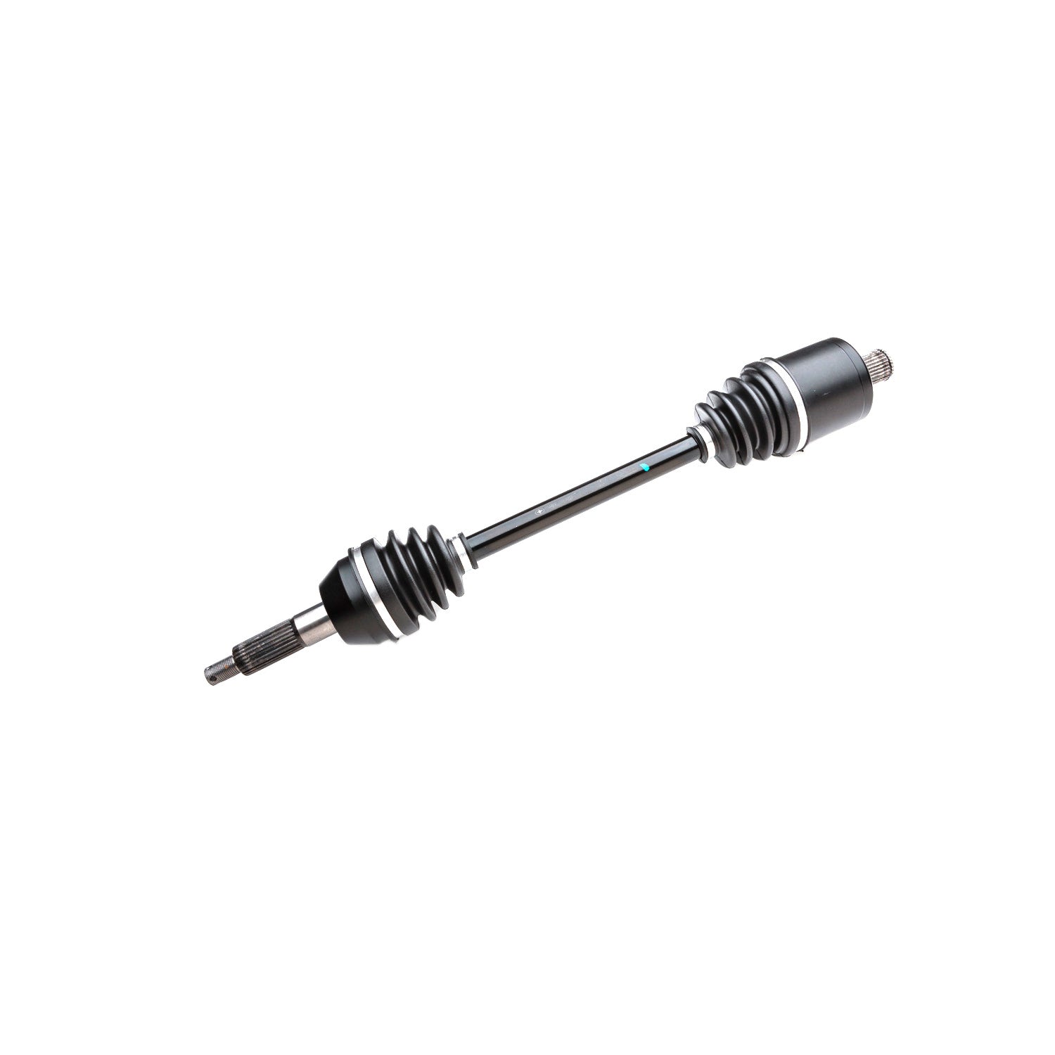 Black metal front CV shaft with rubber accordion boots on both ends and splined shaft tips.