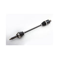 Black metal rear axle shaft with rubber boots and constant velocity joints for Polaris UTVs.