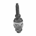 Metal motorcycle input shaft with multiple helical gears and splined end in silver-gray finish.