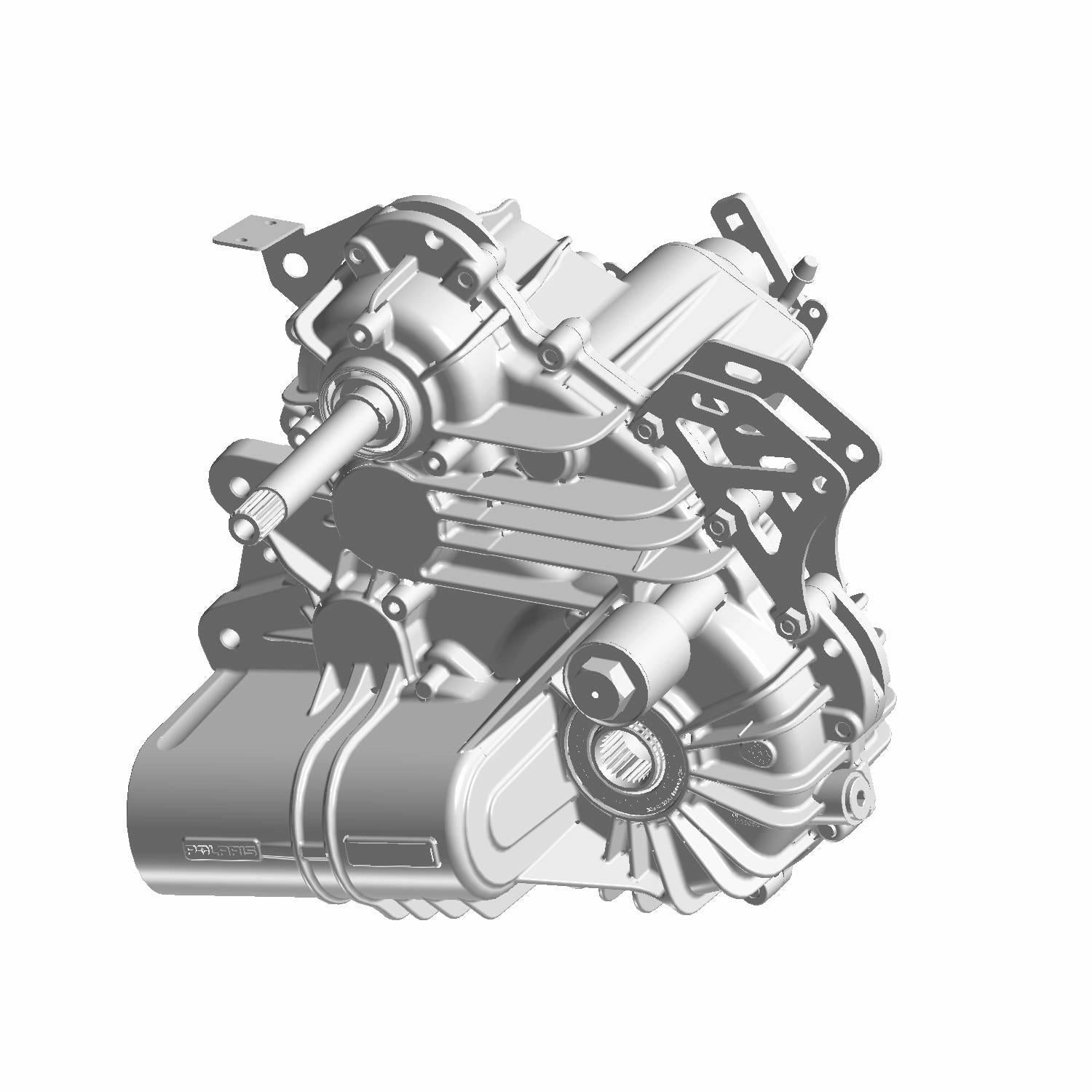 Polished silver metal gearcase with mounting brackets and shaft, complex mechanical design.