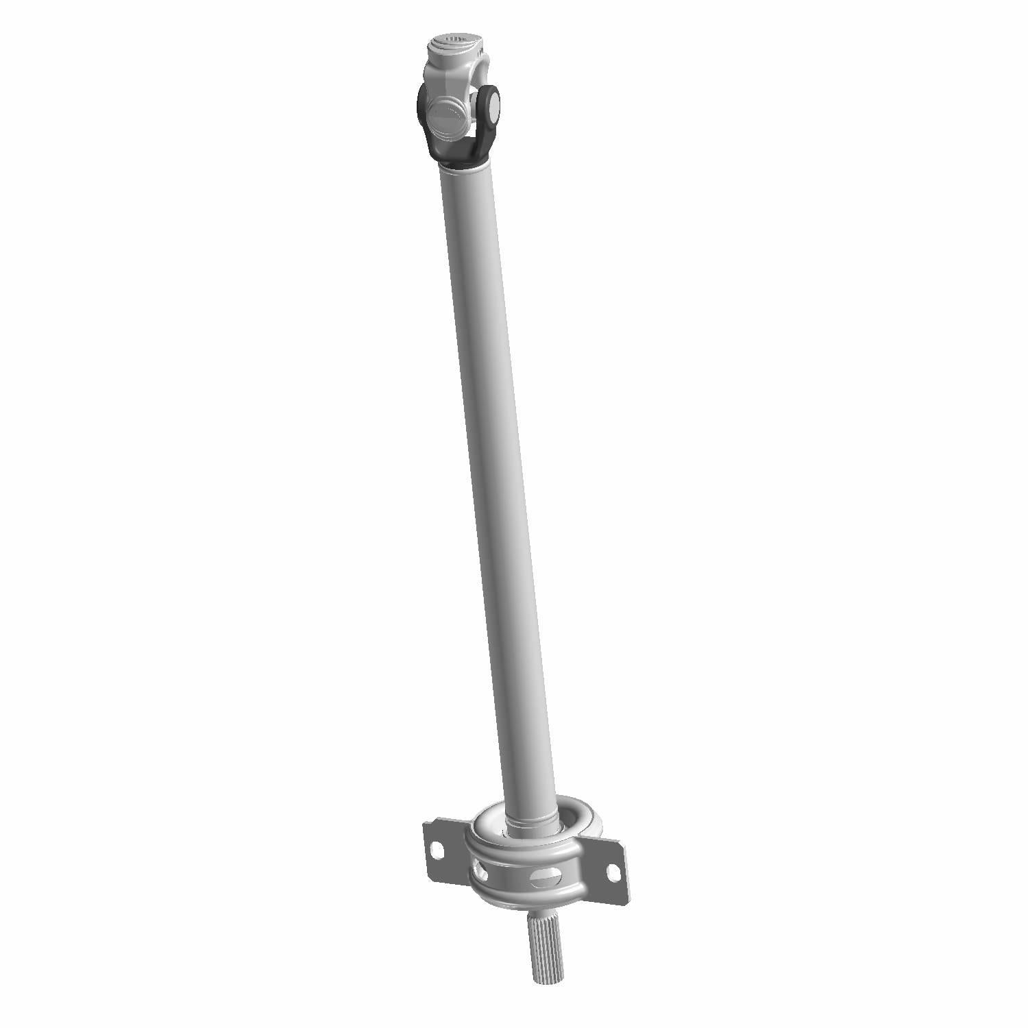 Gray metal front prop/drive shaft with universal joint and mounting bracket for offroad vehicle.