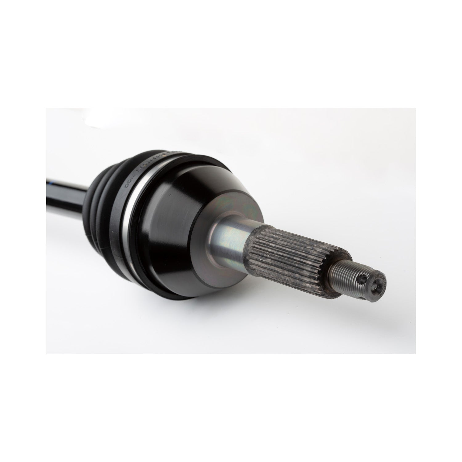 Black metal rear axle shaft with splined silver end for Polaris UTVs.