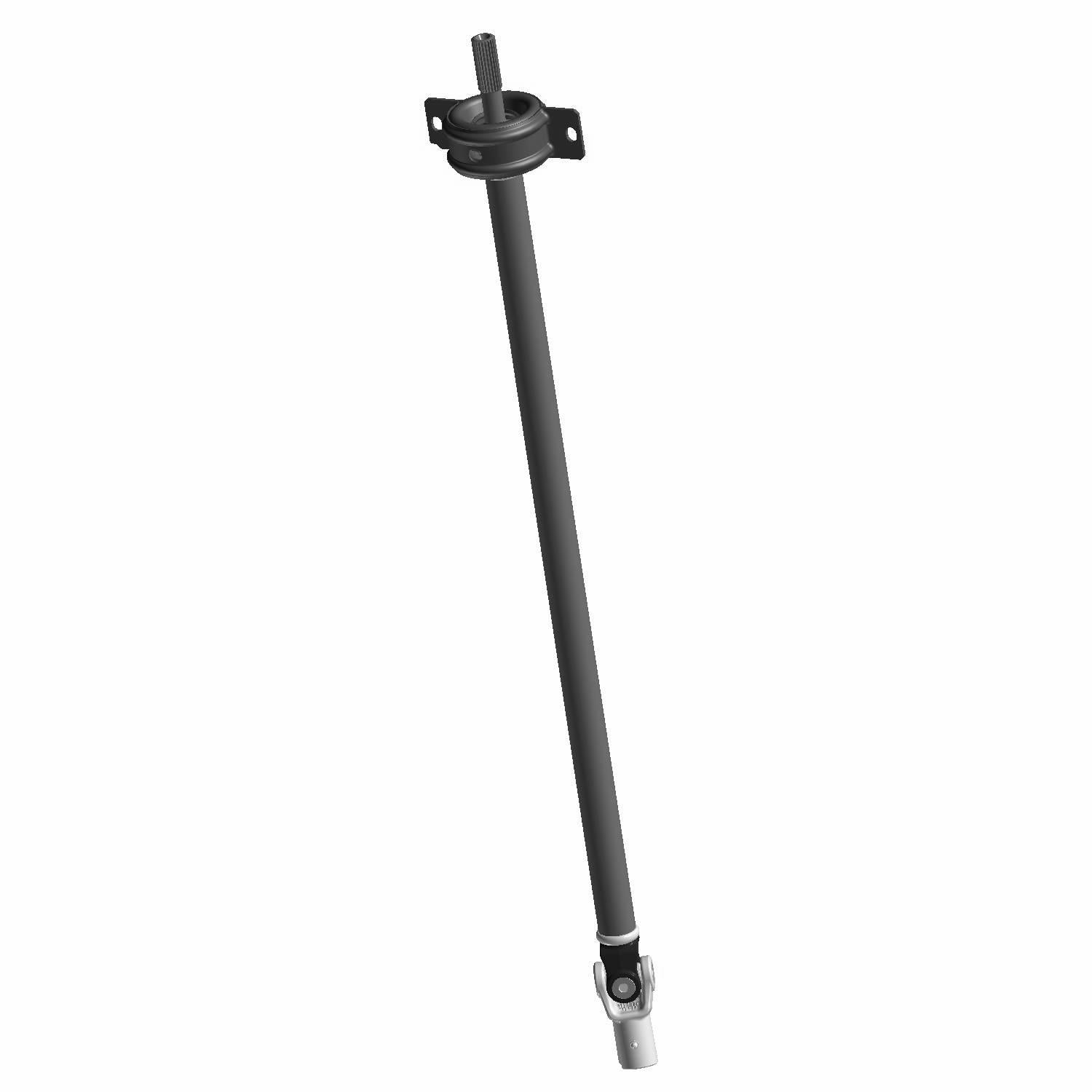 Black metal rear prop/drive shaft with universal joints and mounting flanges for offroad vehicles.