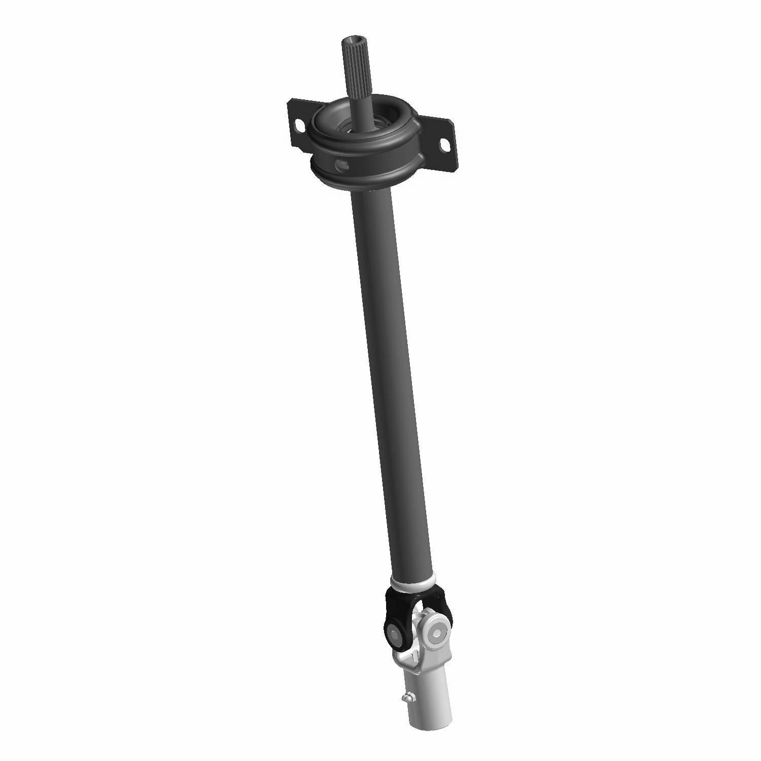 Black metal mid drive shaft with flange mount and universal joint ends for Polaris UTV.