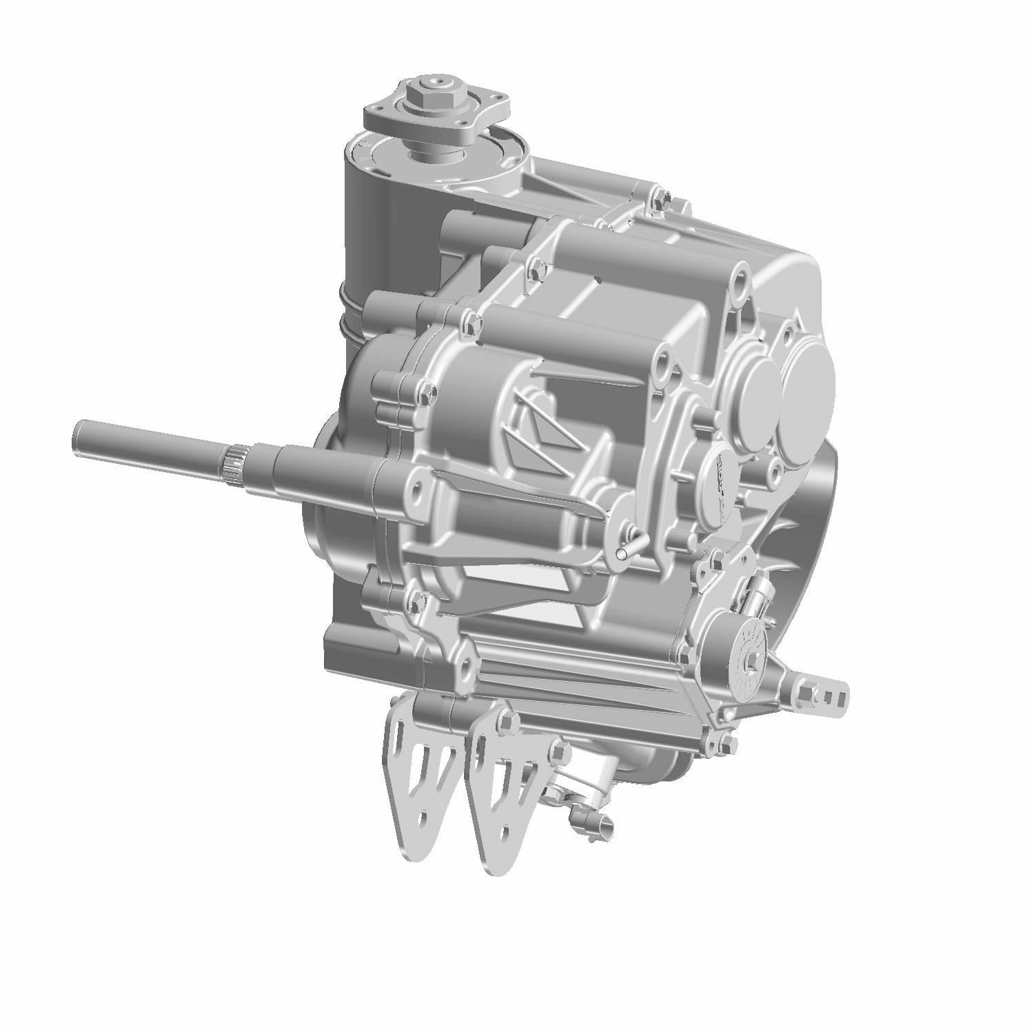 Silver metal Polaris complete gearcase with mounting brackets and shaft attachments, detailed mechanical housing.