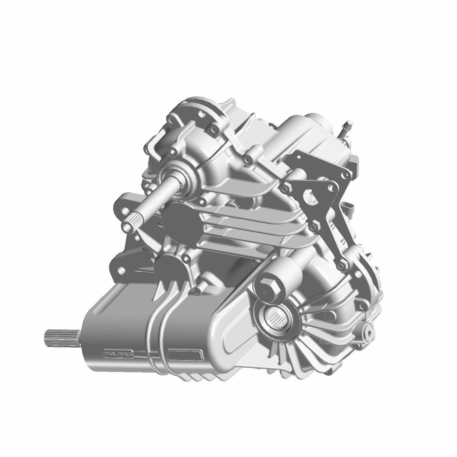 Silver metal gearcase complete differential assembly with mounting points and drive shafts.