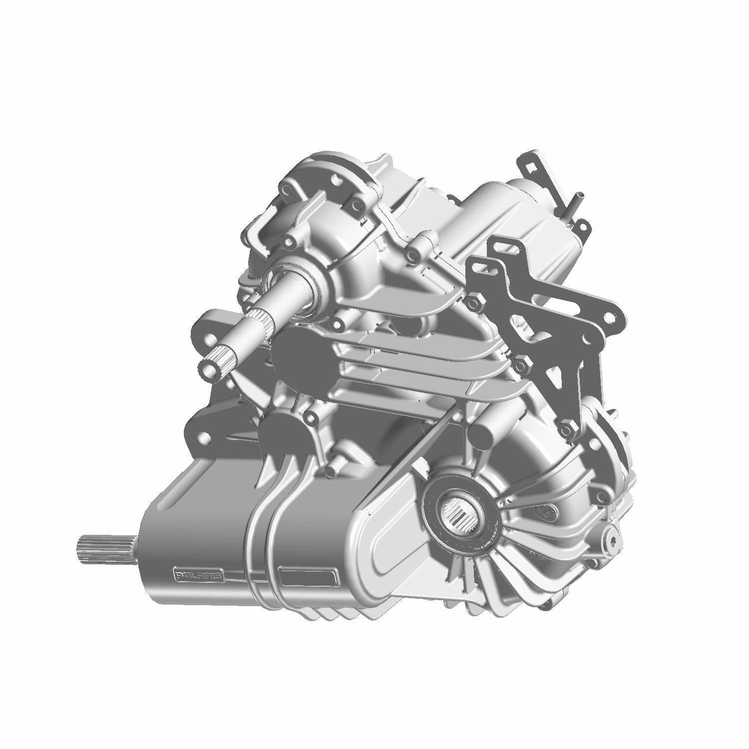 Silver metallic gearcase assembly with multiple mounting points and cylindrical housing components.