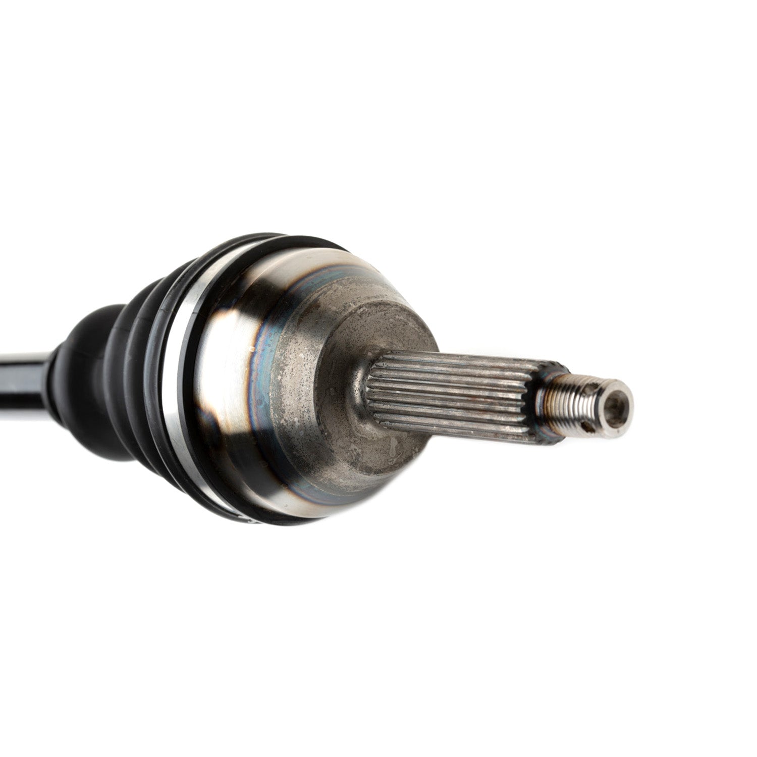 Polished metal rear axle shaft with black rubber boot and splined end for offroad vehicle.