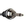 Polished metal rear axle shaft with black rubber boot and splined end for offroad vehicle.