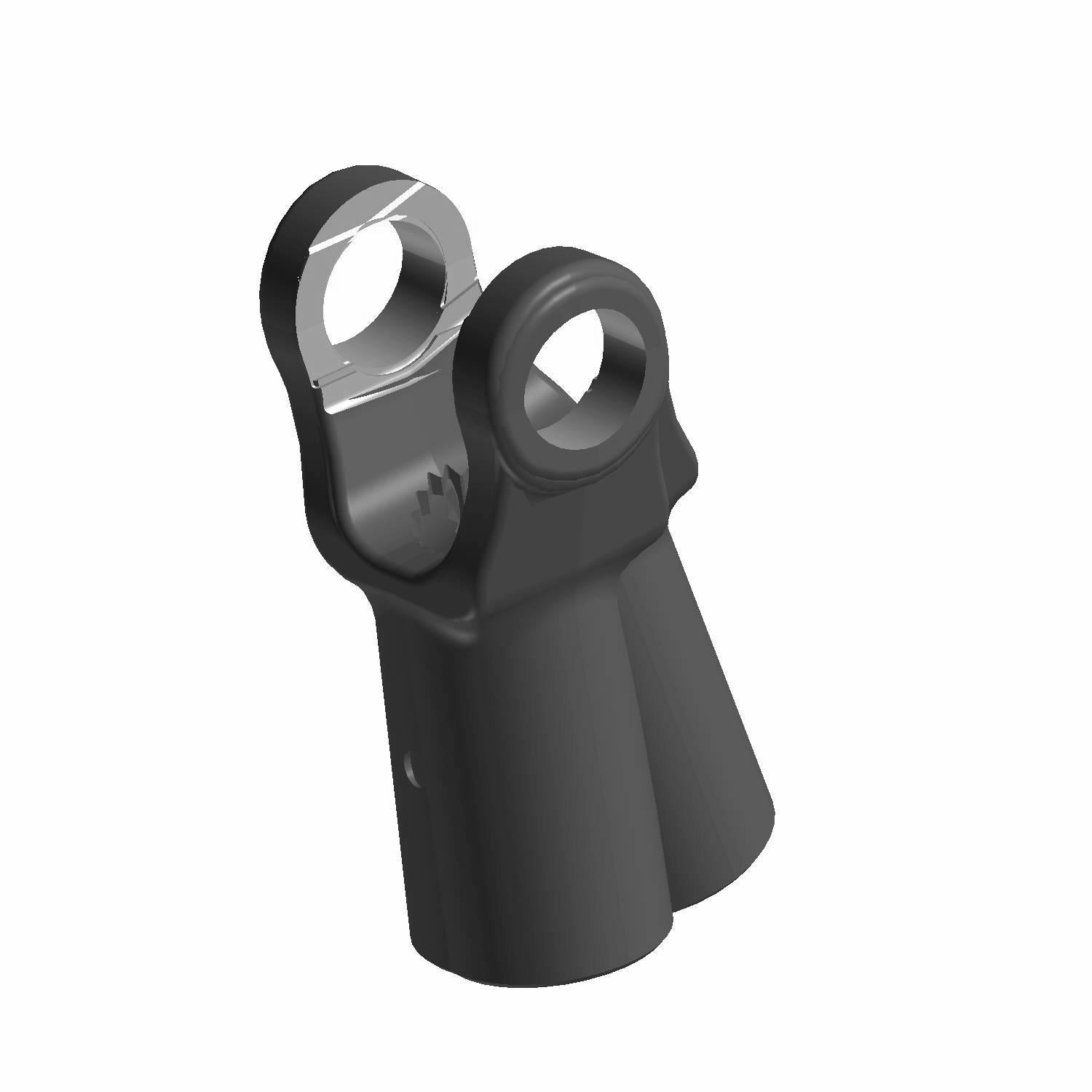 Black metal prop/drive shaft mid connector with two circular mounting holes and a tapered base.