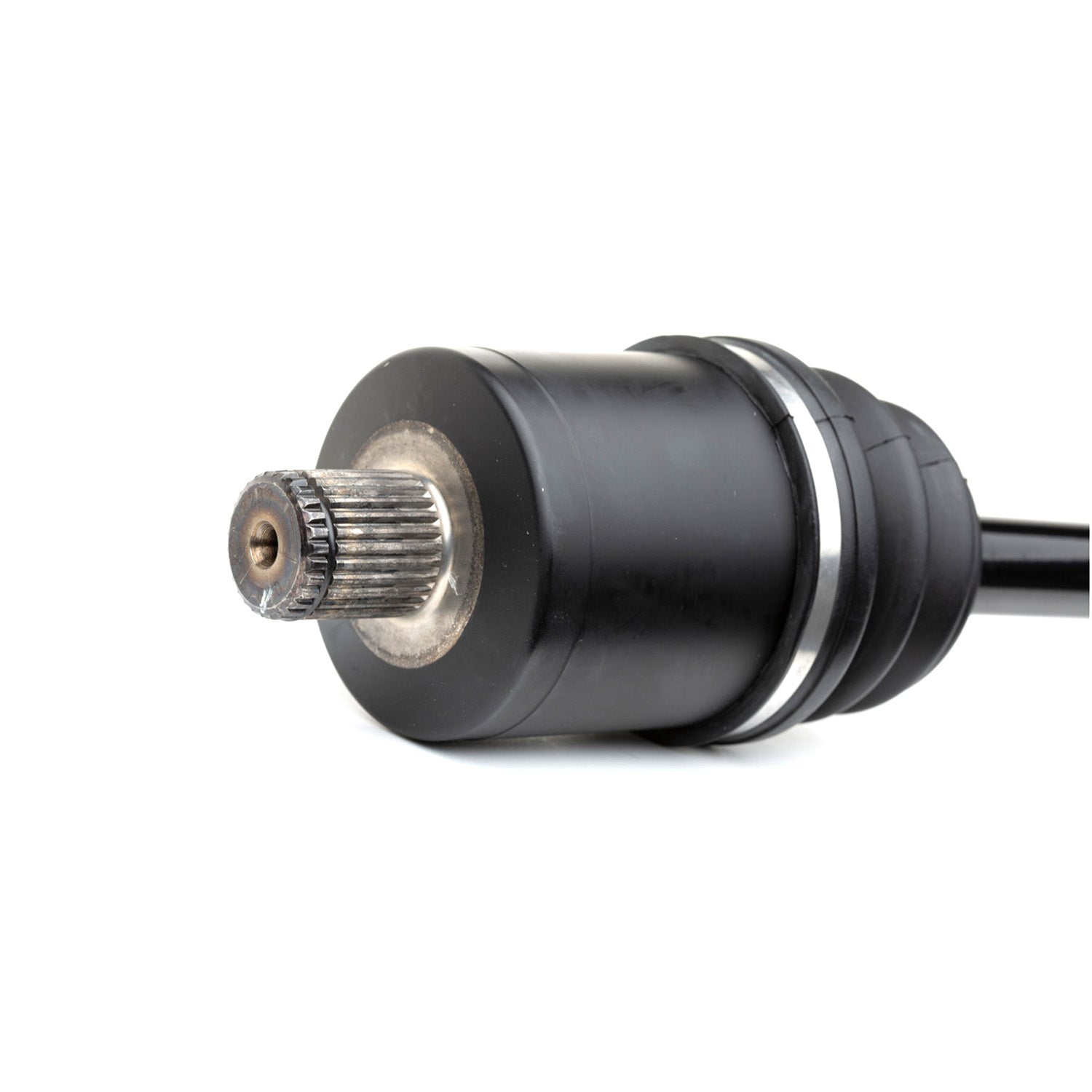 Black metal rear axle shaft with splined gear end and rubber boot seal.