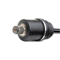 Black metal rear axle shaft with splined gear end and rubber boot seal.