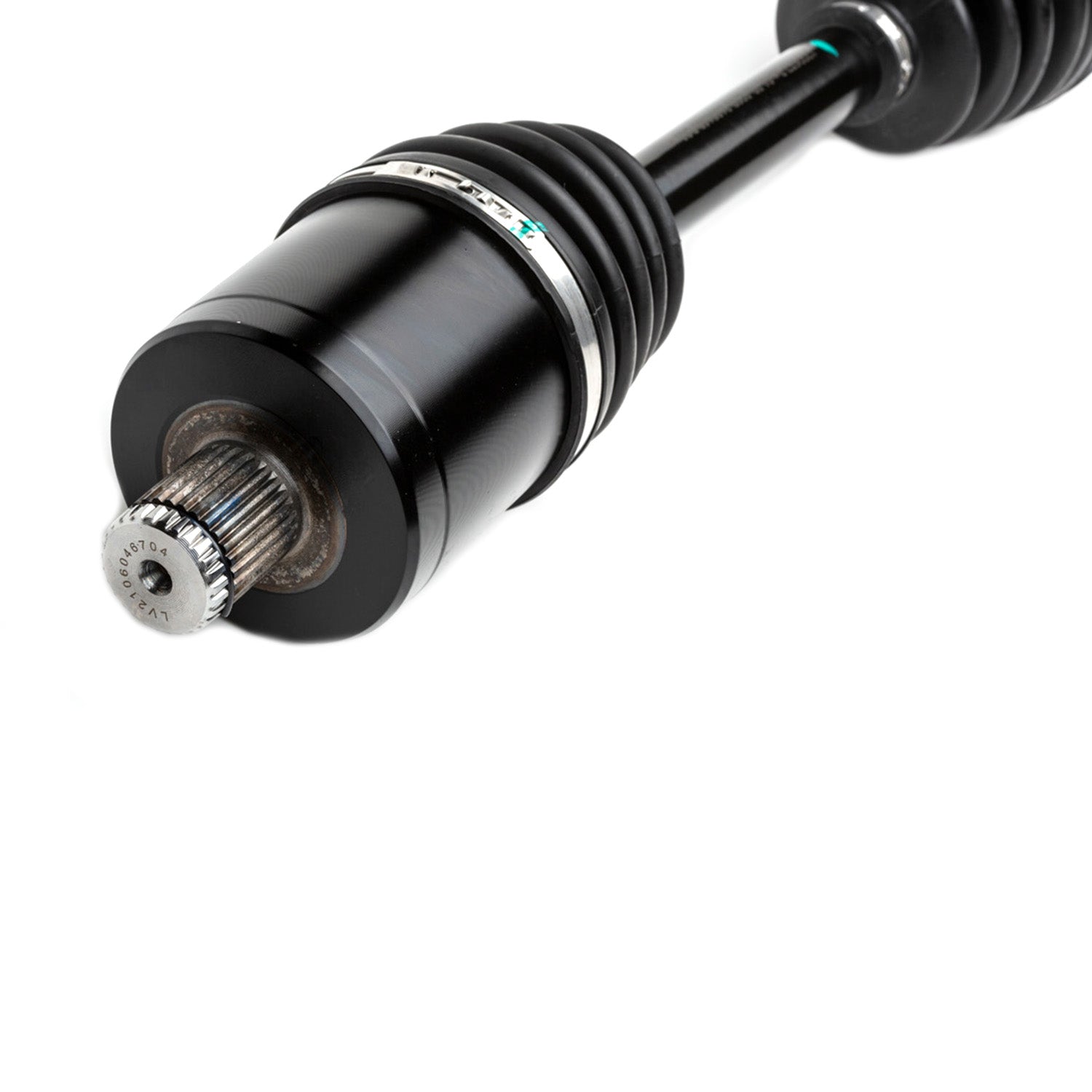 Black metal rear axle shaft with splined gear end and protective rubber boot.