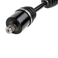 Black metal rear axle shaft with splined gear end and protective rubber boot.