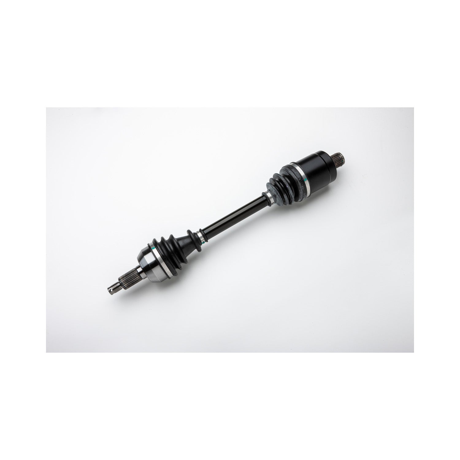 Black metal rear axle shaft with constant velocity joints and splined ends for Polaris RZR vehicles.
