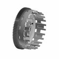 A 3D-rendered image of the Outer Clutch Basket by Polaris showcases a metallic, cylindrical design with a gear ring, multiple evenly spaced vertical slots, and a toothed perimeter, resembling genuine OEM Indian Polaris parts.