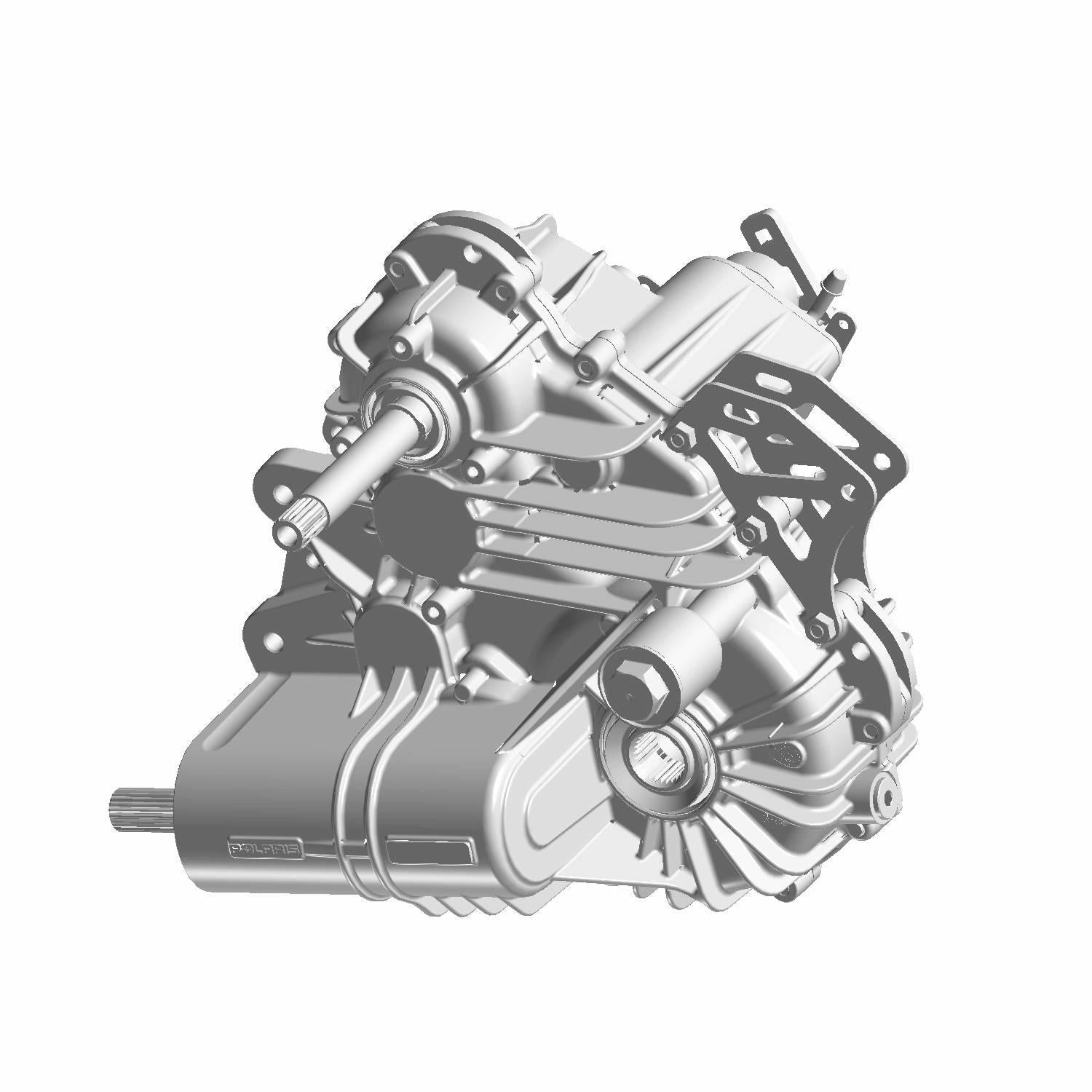 Silver metal diesel gearcase with shaft and mounting brackets for offroad UTVs.